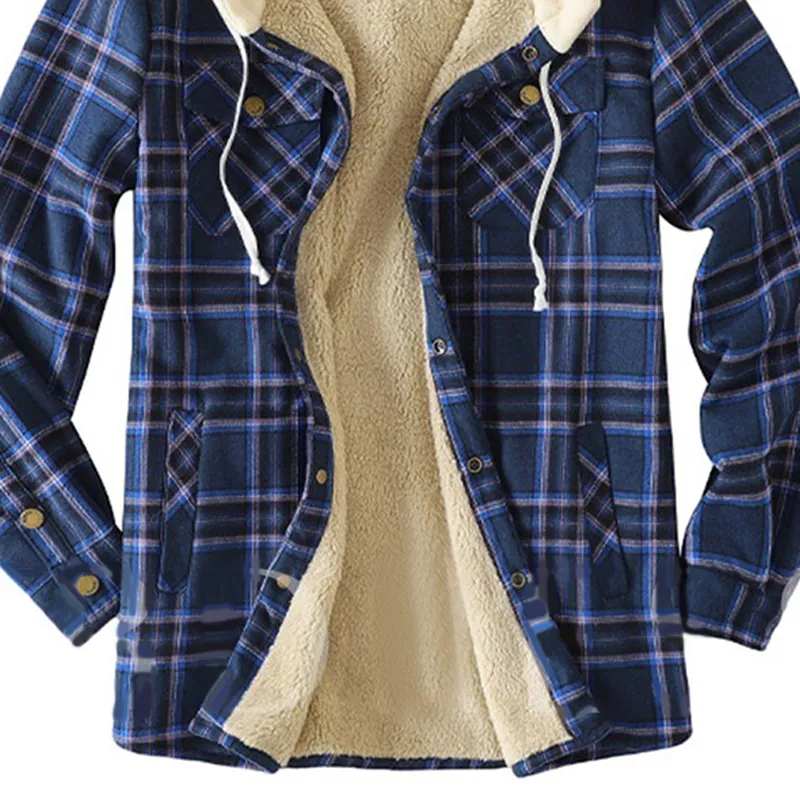 Hooded Checkered Plus Velvet Padded Brushed Jacket