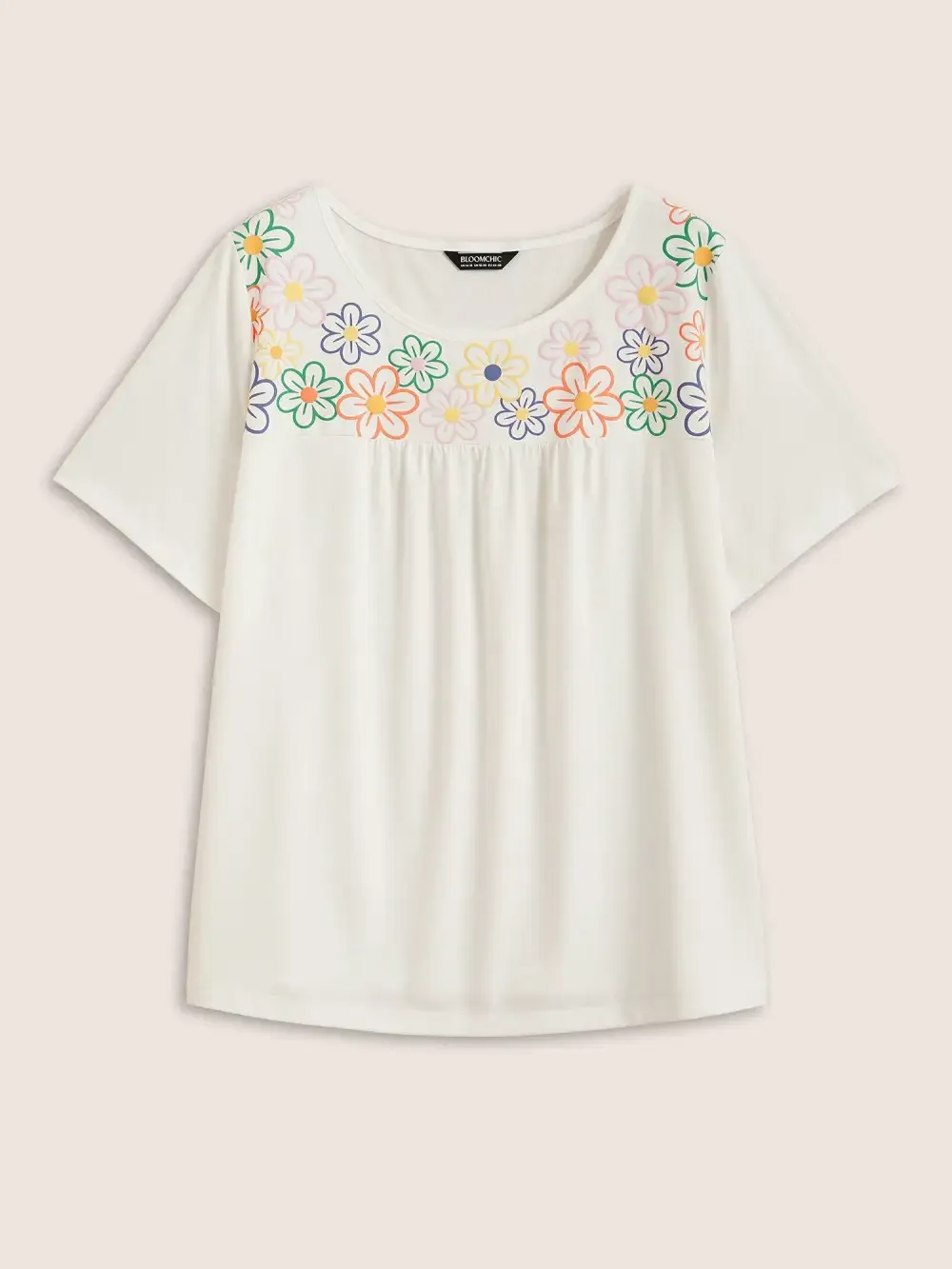 Colored Floral Print Round Neck Gathered T-Shirt
