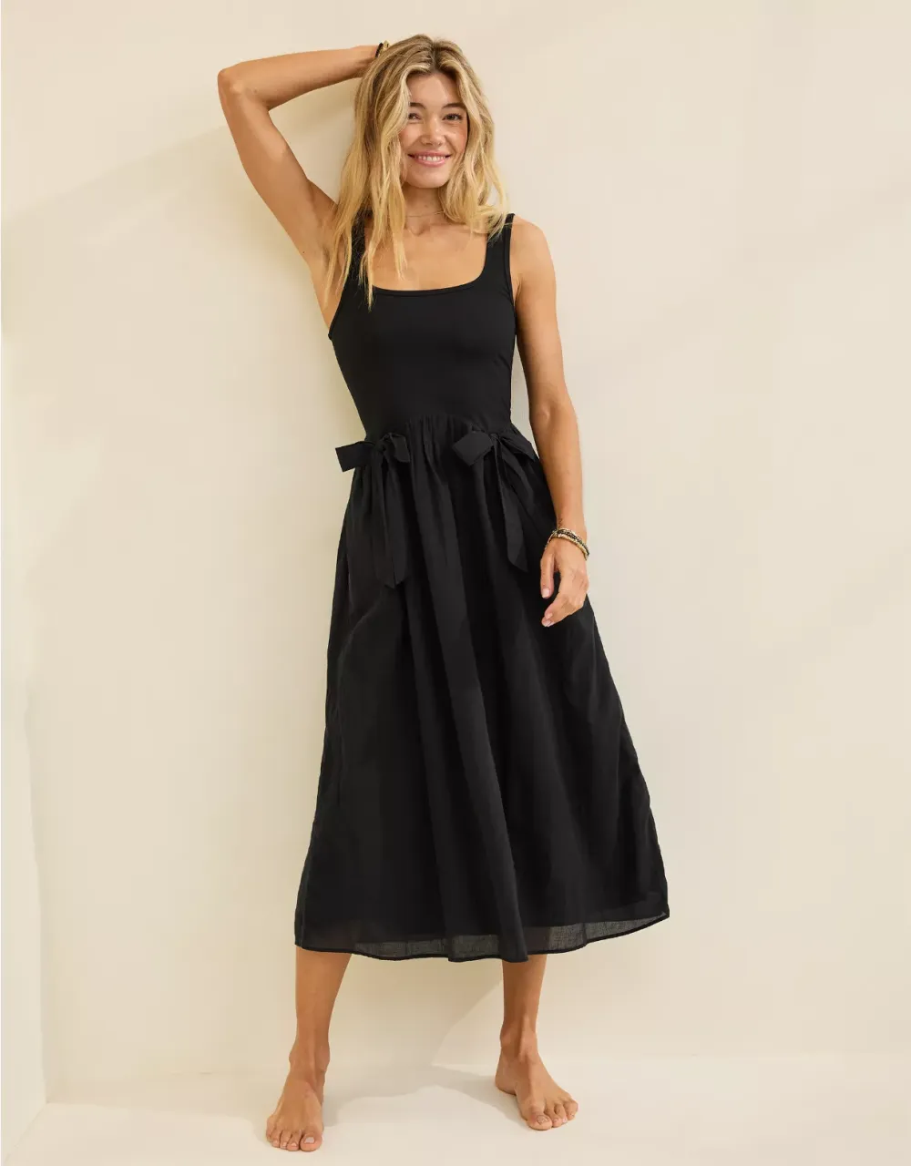 Women's Sleeveless Tank Midi Dress with Bow Detail and Pockets – Casual Summer Lounge Dress