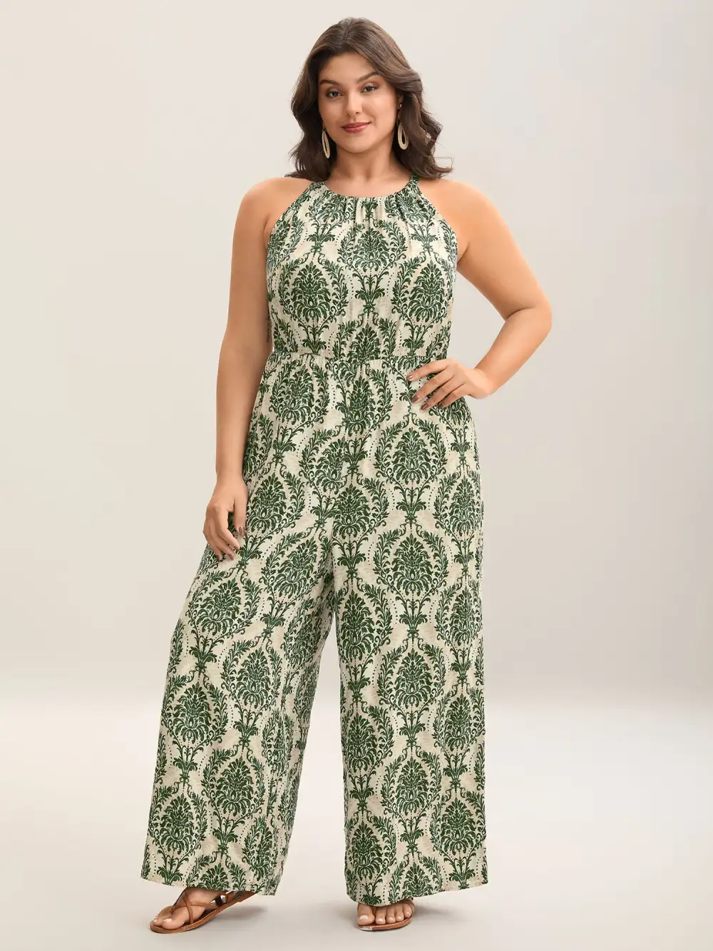 Rayon Damask Print Stretchy Waist Jumpsuit