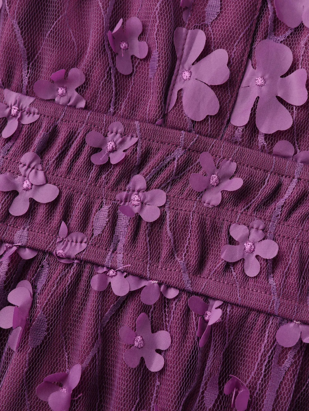 3D Floral Mesh Notched Neckline Midi Dress