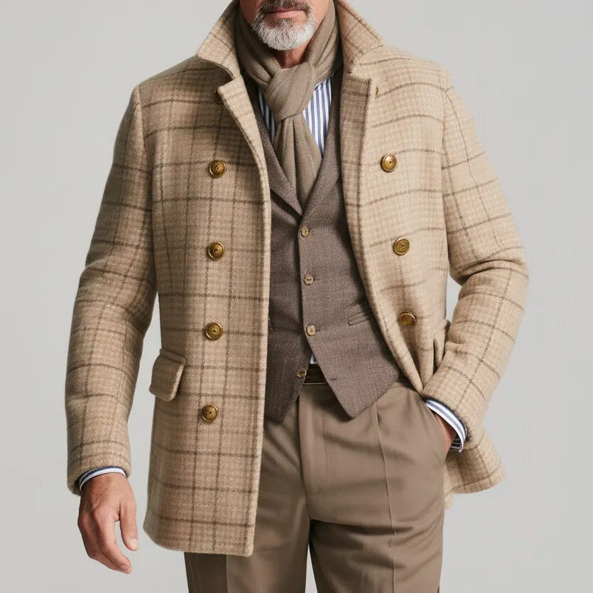 Men's Beige Plaid Turndown Collar Double Breasted Long Sleeve Coat