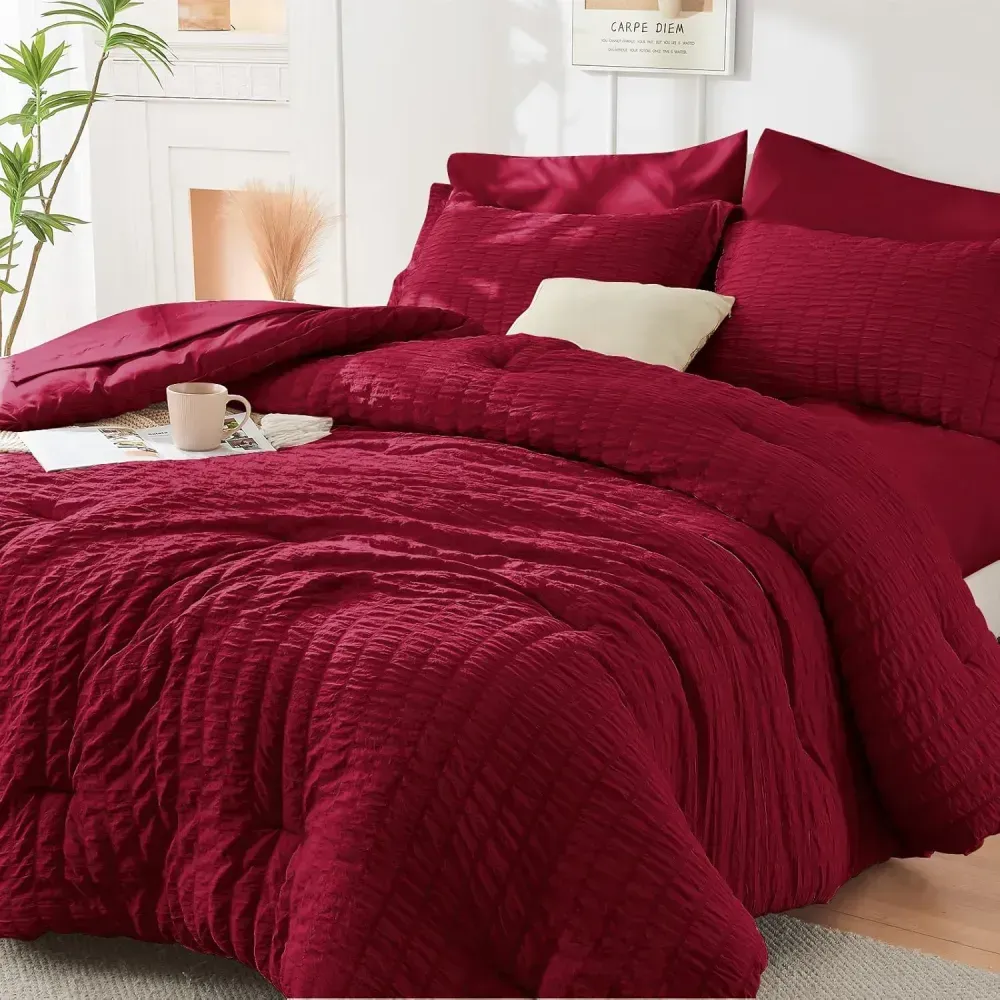 Queen Comforter Set Seersucker 7 Pieces, All Season Luxury Bed in a Bag for Bedroom, Bedding Set with Comforters, Sheets, Pillowcases & Shams, Dark Grey