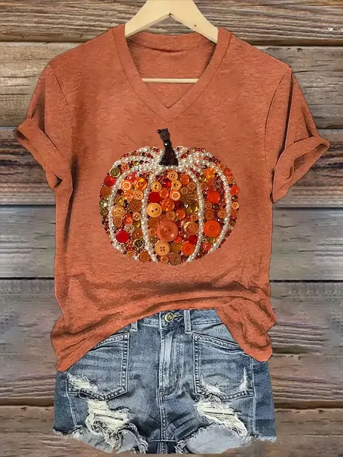 Women's Autumn Pumpkin Print Casual T-shirt