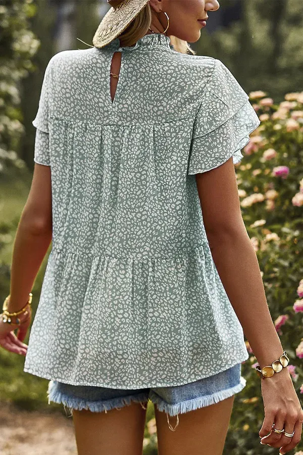 Animal Print Ruffle Chiffon T-Shirt