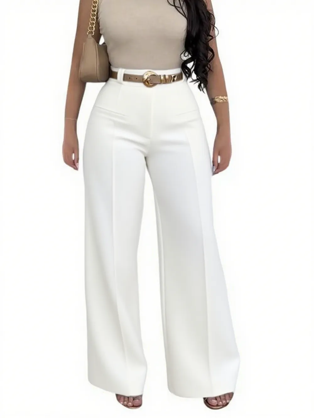 Women's Plain Pocket Wide Leg Fit Pants, Basic Classy Comfy Trousers for Spring & Fall