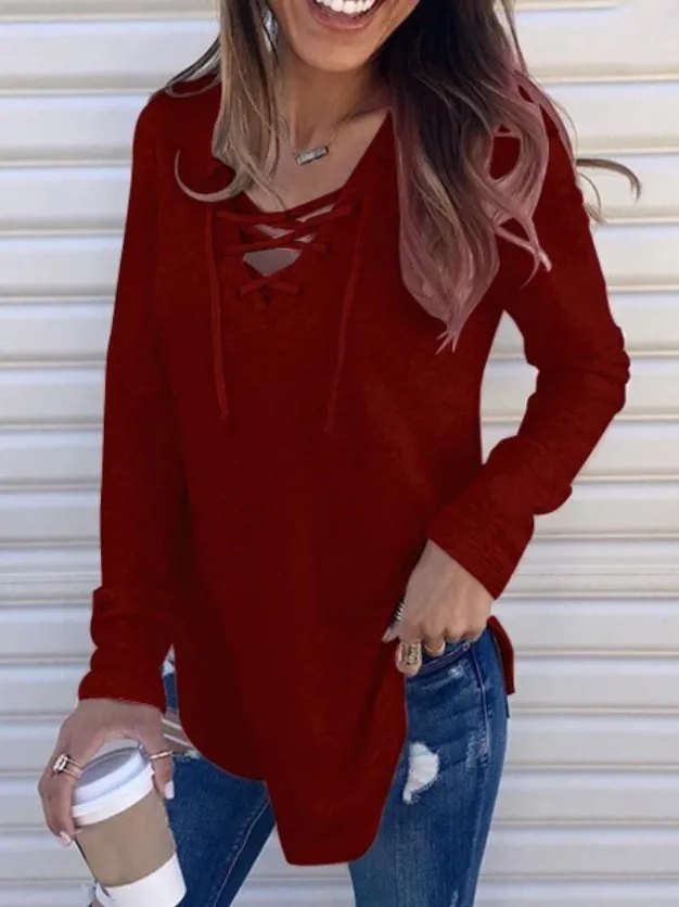 (Clearance Sale⚡) Casual Solid Crisscross Long sleeve Top