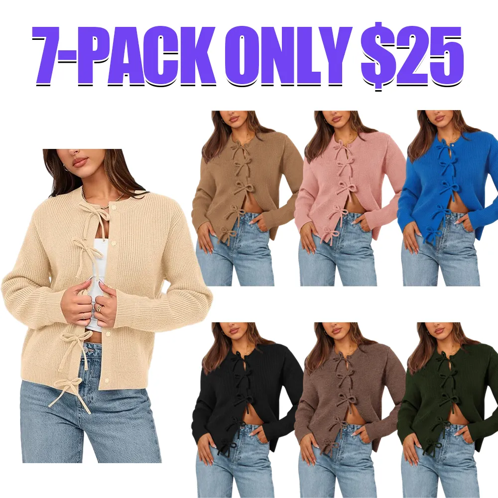 Cardigan Sweaters for Women Trendy 2025 Fall Open Front Long Sleeve Button Down Bow Knot Cropped Lady Jacket