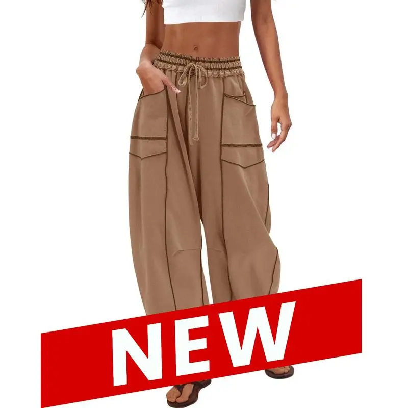 Womens Baggy Barrel Pants Wide Leg Lounge Drawstring Sweatpants with Pockets