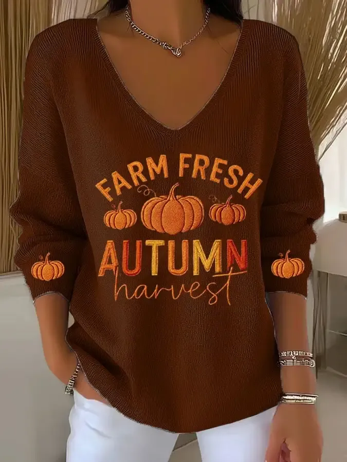 Women's Casual Pumpkin Floral Long Sleeve T-Shirt