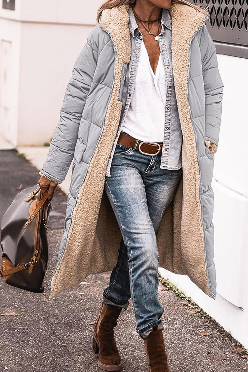 Women's Warm Winter Coats Reversible Sherpa Fleece Long Hooded Puffer Jackets Outerwear