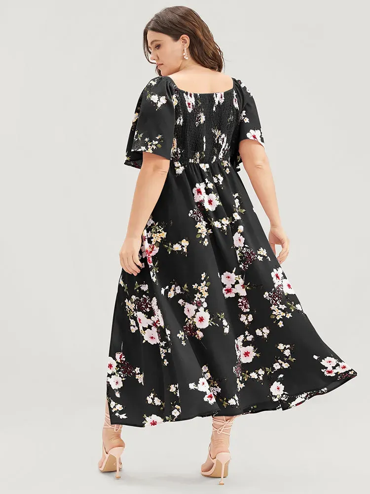 Floral Square Neck Ruffles Pocket Shirred Split Dress