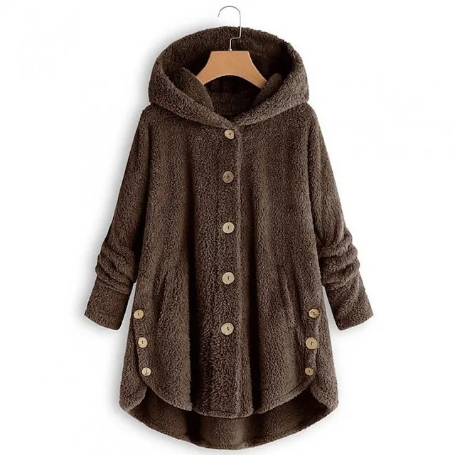 Women's Fleece Jacket Fleece Sports Pullover Sherpa Fleece Button Front Pocket claret turmeric Black Solid Color Street Casual Hoodie Plus Size Long Sleeve Top Fleece lined Micro-elastic Fall & Winter