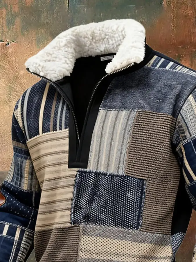 Men's Retro Color Block Print Casual Fur Collar Sweatshirt