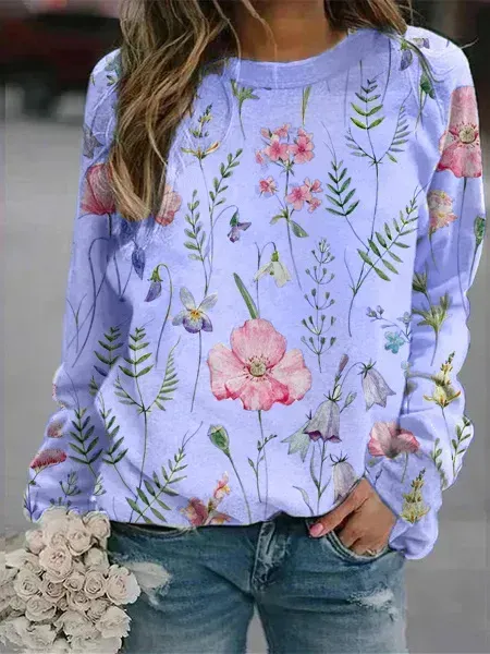 Floral Crew Neck Long Sleeves Sweatshirts