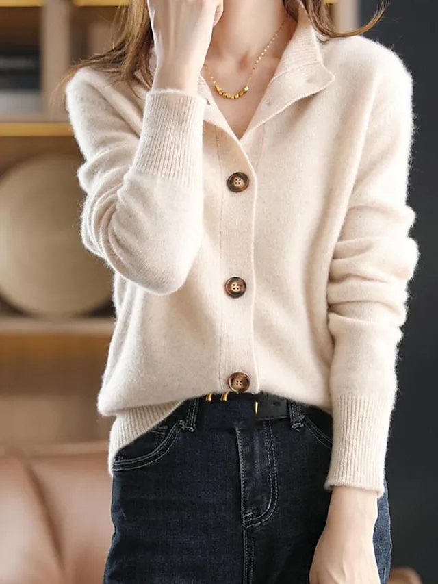 Women's Cardigan Sweater Stand Collar Knit Button Knitted Fall Winter Outdoor Home Daily Stylish Basic Casual Long Sleeve Pure Color Camel Brown