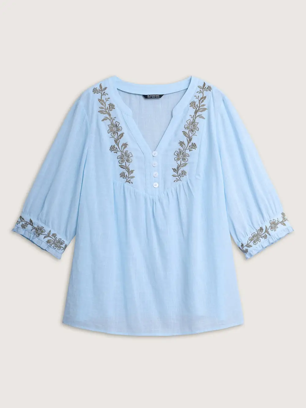 Cotton Floral Embroidered Notched Collar Frill Trim Blouse