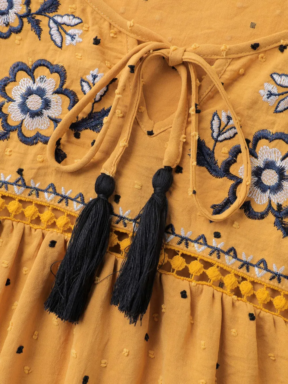 Textured Dot Embroidered Tassel Flowy Blouse