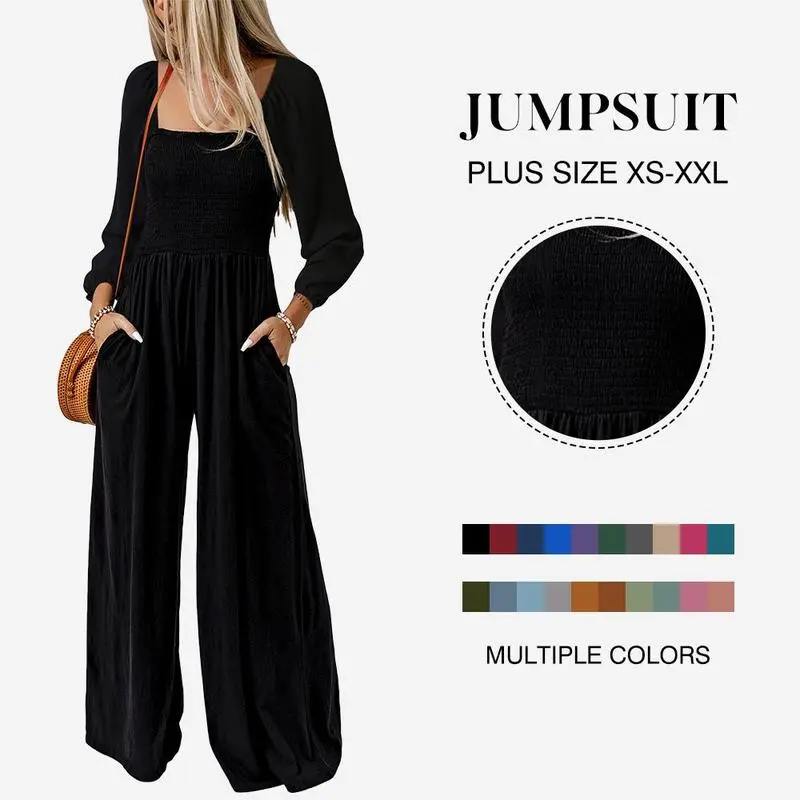Women's Casual Loose Long Sleeve Wide Leg Jumpsuit with Pockets