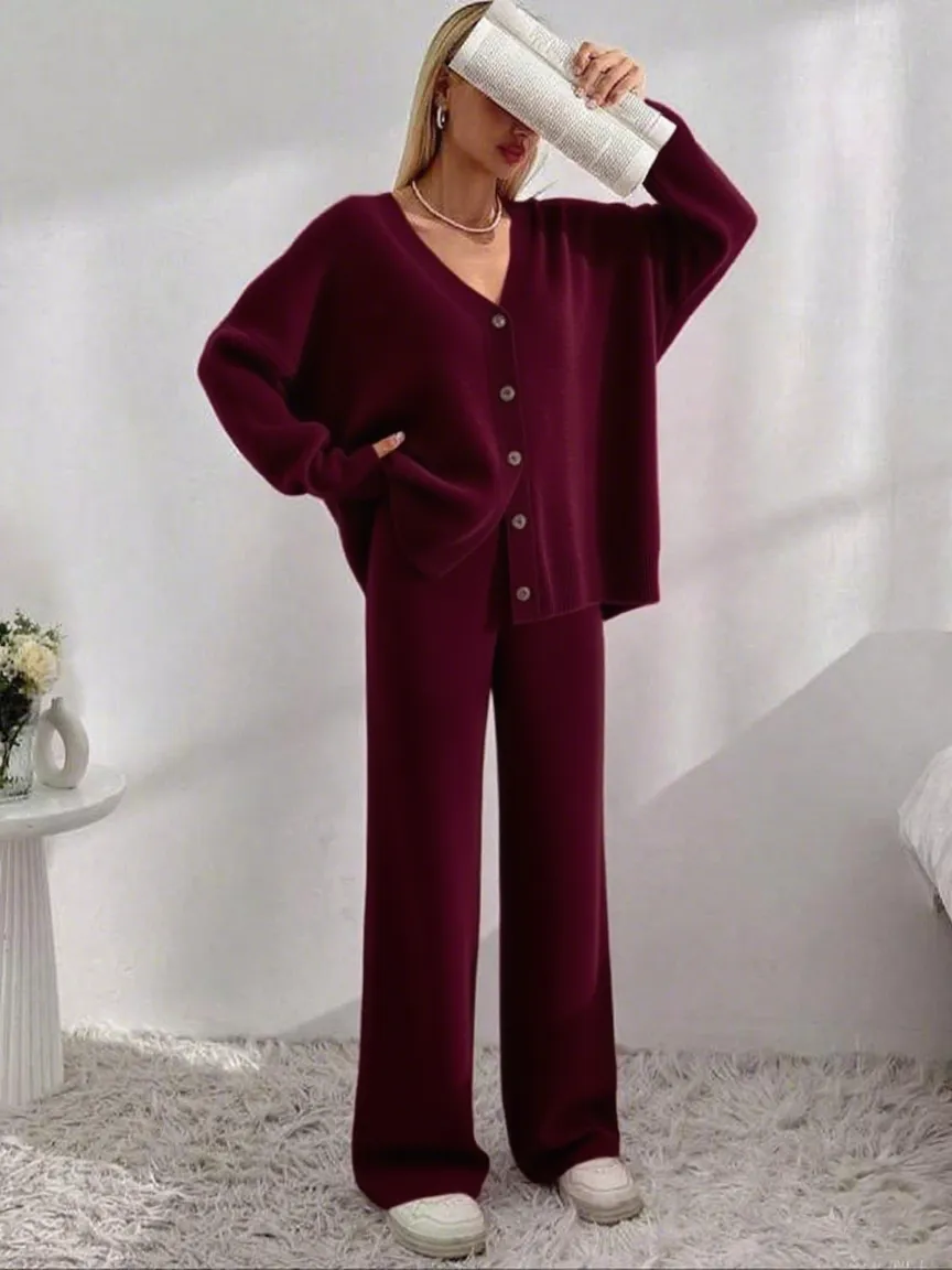 Women's V-Neck Button Cardigan & Wide-Leg Pants Set