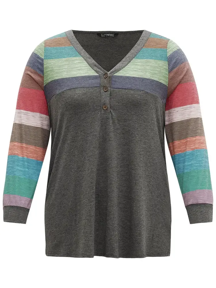 Colorblock Contrast V Neck Button Up T-Shirt