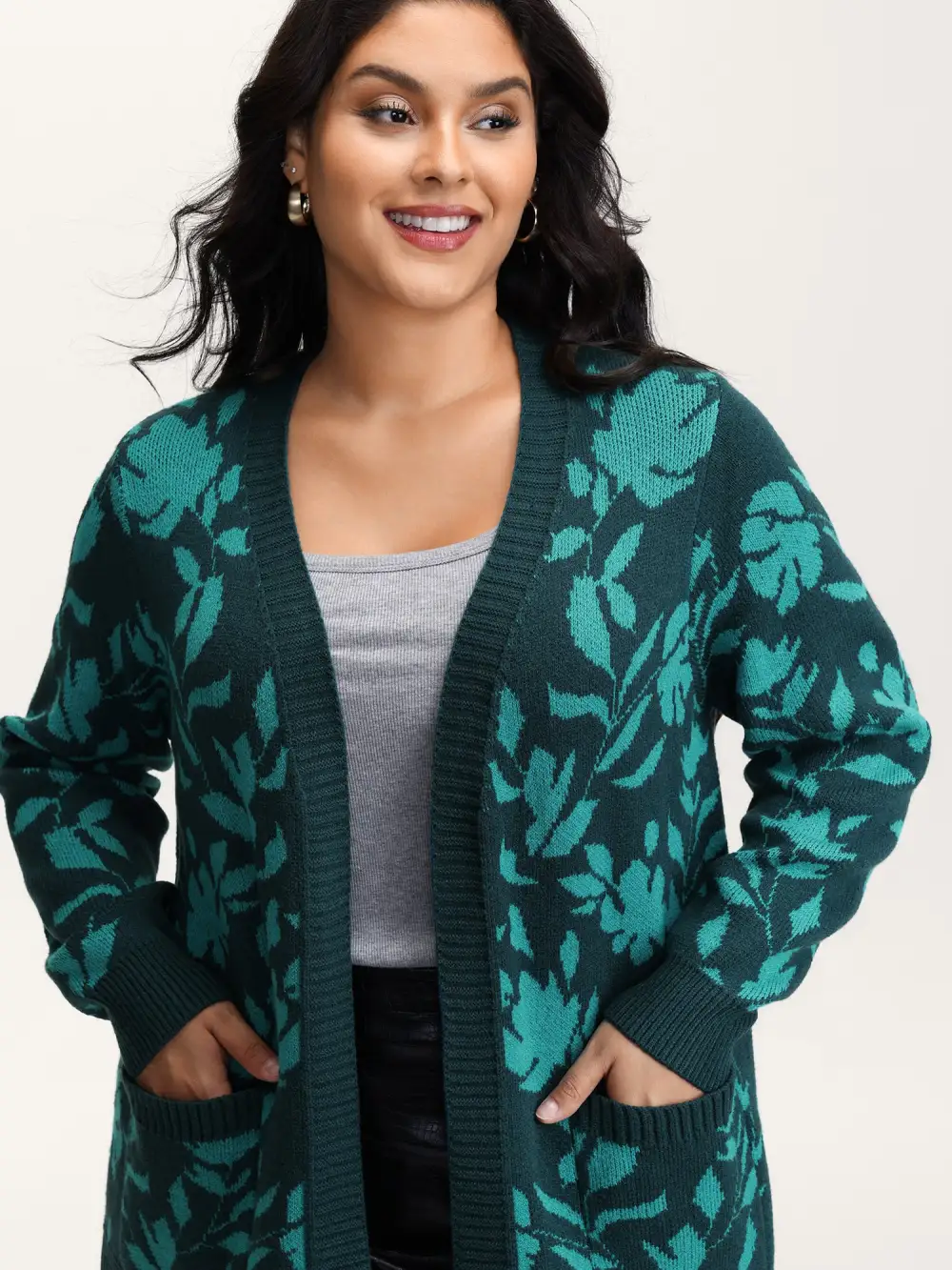 Floral Print V-Neck Ribbed Knit Cardigan