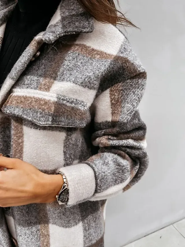 Women's Wool Blend Coat Winter Plaid Shacket Jacket Fall Long Pea Coat with Pockets Single Breasted Over Coat Trench Coat Gray Khaki Brown Modern Street S M L XL XXL / Winter