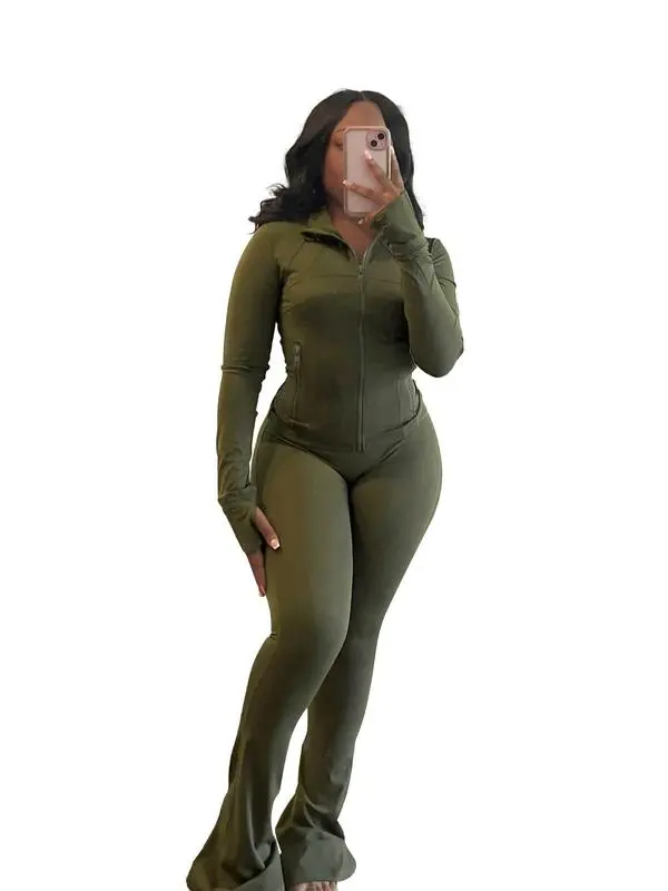 Women’s Fall/Winter 2-Piece Set: Solid Zip-Up Jacket + Flare-Leg Pants (Casual, Cozy)