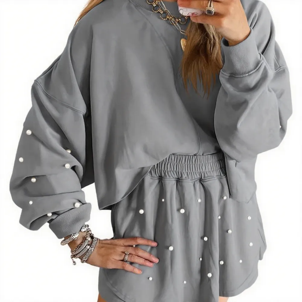 Women's Pearl-Decor Long Sleeve Sweatshirt & Loose Mini Skort 2-Piece Casual Fall Set.