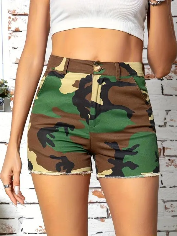 Women’s High Waist Camo Print Button Front Shorts-Casual Summer Fit