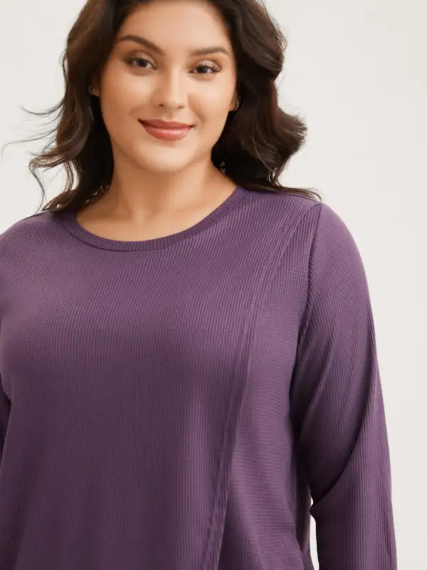 Solid Waffle Knit Overlap Hem T-shirt