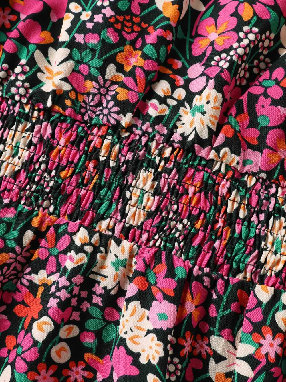 Floral Print Shirred Waist Ruffled Midi Dress