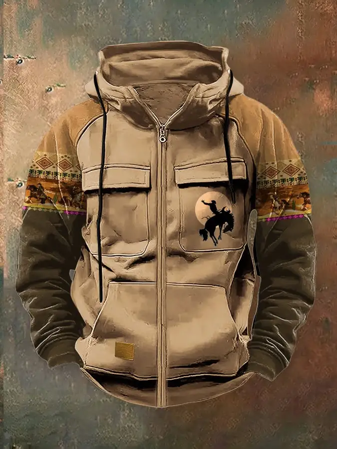 Men's Casual Retro Western Contrast Color Zipper Multifunctional Jacket