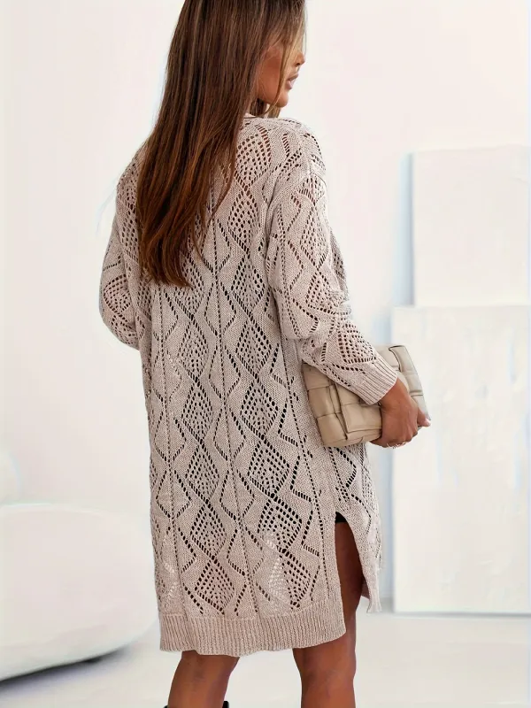 Solid Pointelle Knitted Cardigan, Casual Button Front Long Sleeve Cardigan, Women's Clothing