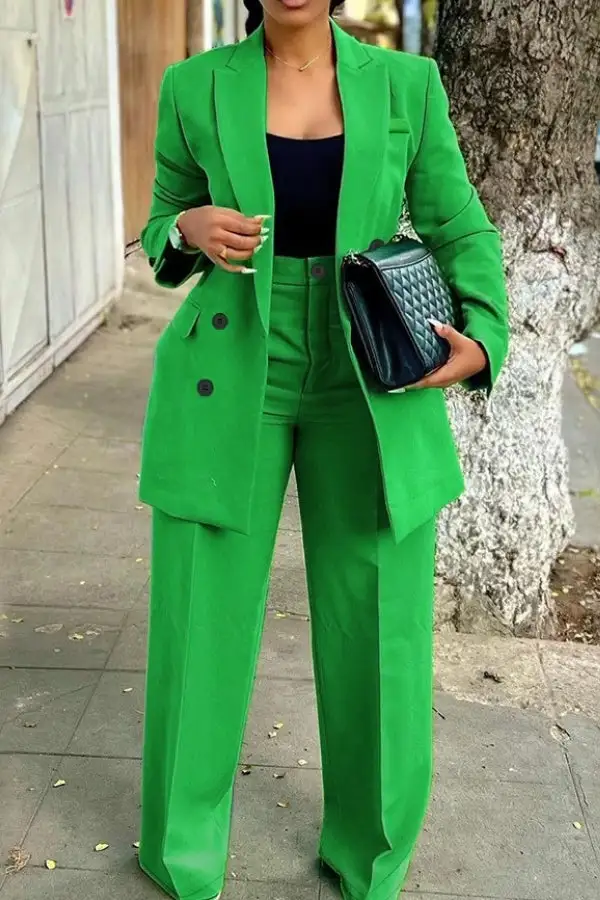 Green Notched Lapel Double Breasted Pant Set