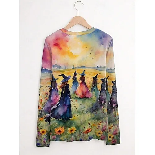Women's Halloween Sweatshirt Pullover Witch Halloween Print Yellow Casual Crew Neck Long Sleeve Top Micro-elastic Spring Fall & Winter