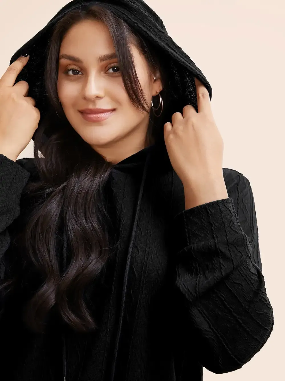 Plain Textured Hooded Drawstring Sweatshirt