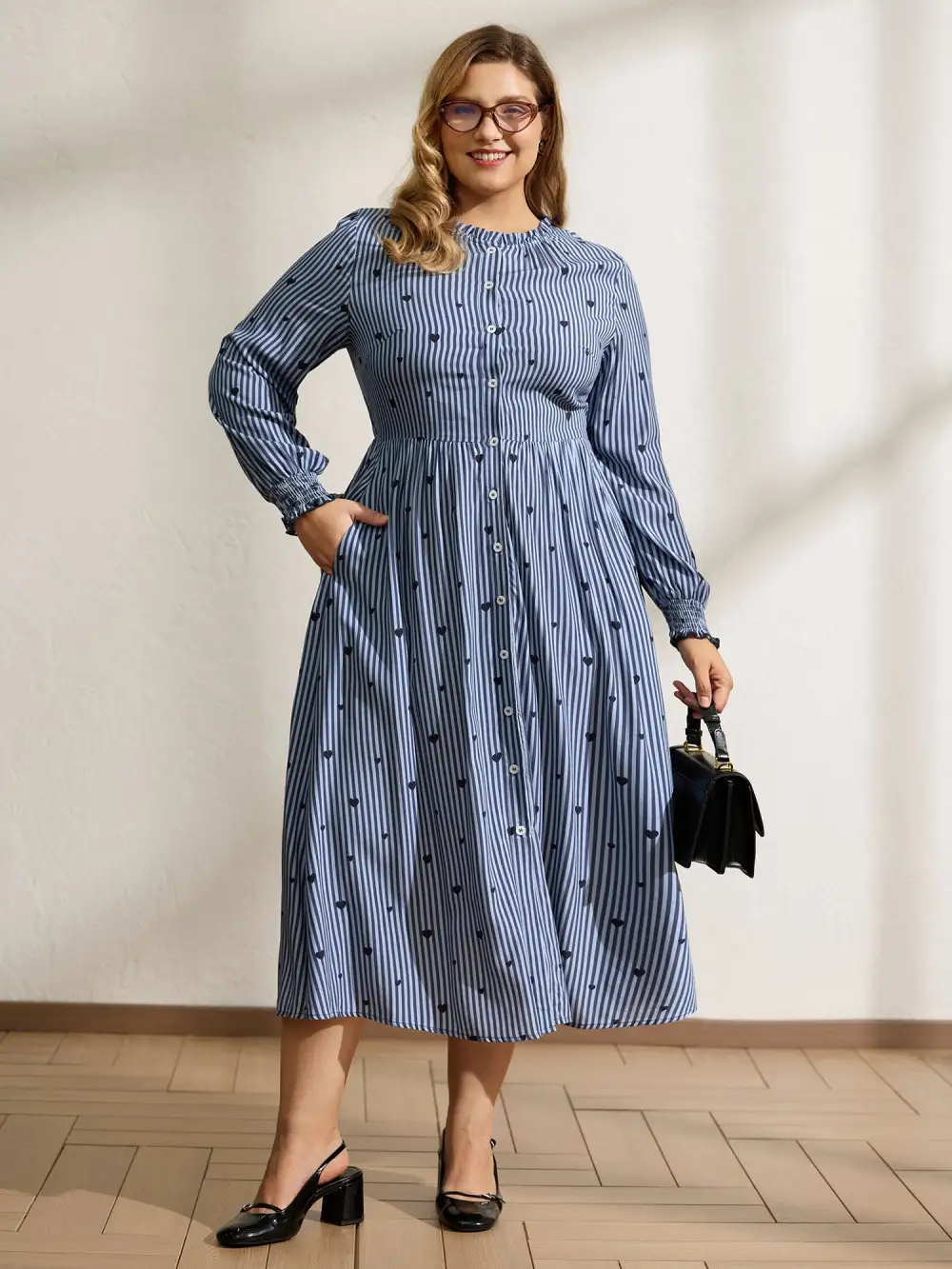 Stripe Hearts Pocket Shirt Maxi Dress