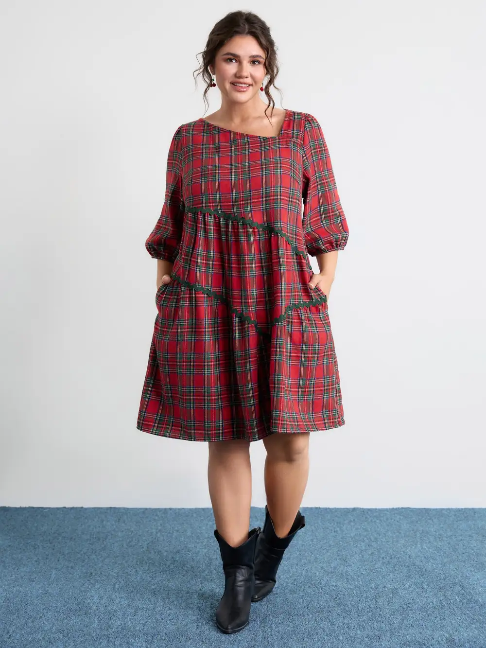 Festive Plaid Wavy Trim Midi Dress