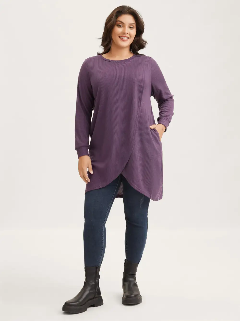 Solid Waffle Knit Overlap Hem T-shirt