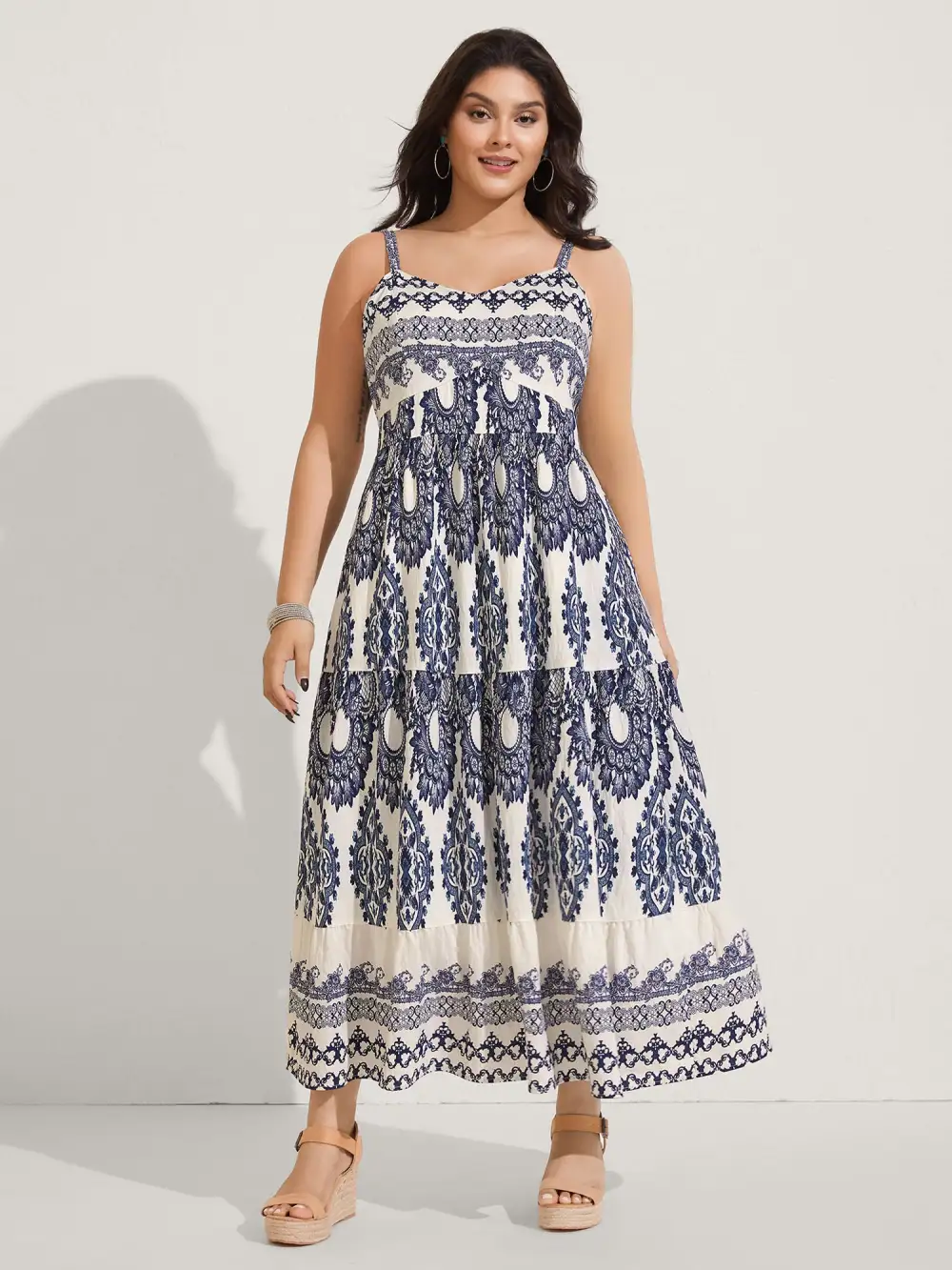 Boho Print Shirred Cami Midi Dress