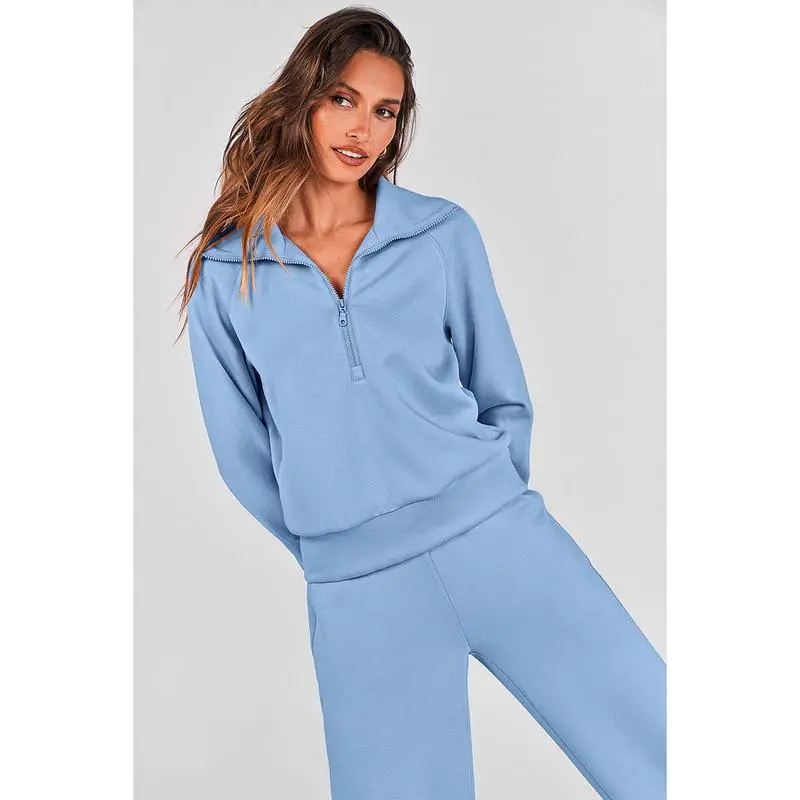 Women'swear Chic 2-Piece Set Outfits Half Zip Style Sweatshirts And Wide Leg Pants With Drawstring