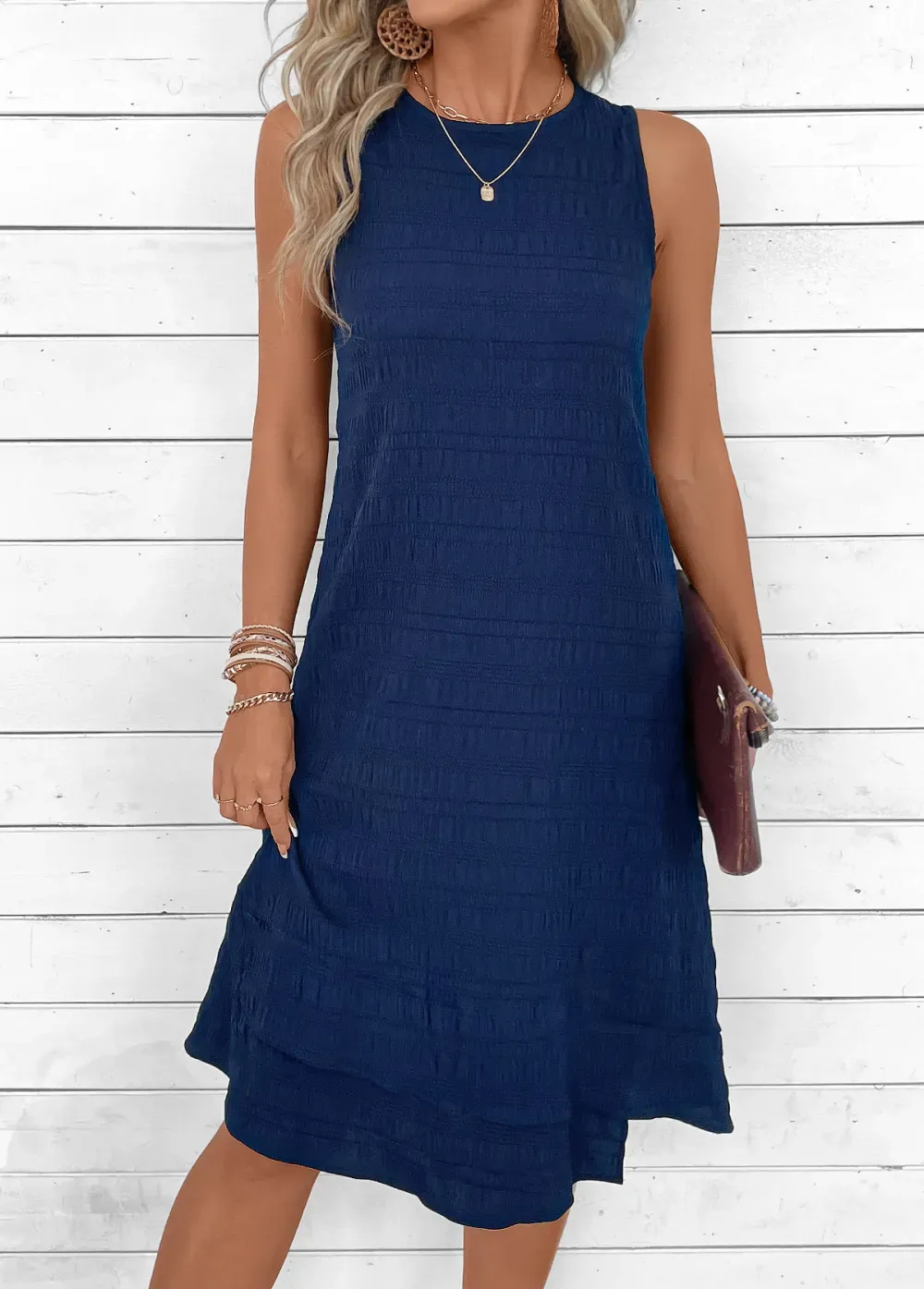 Navy A Line Sleeveless Round Neck Dress