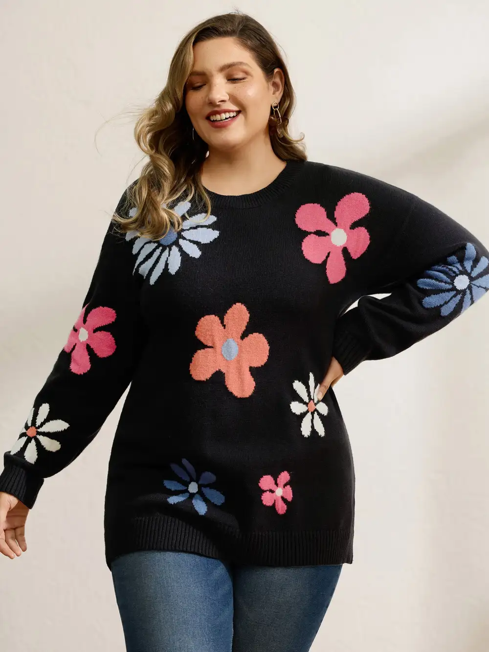 Large Flower Jacquard Pattern Pullover