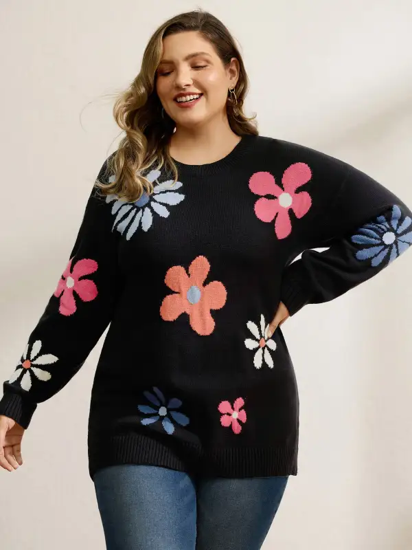 Large Flower Jacquard Pattern Pullover