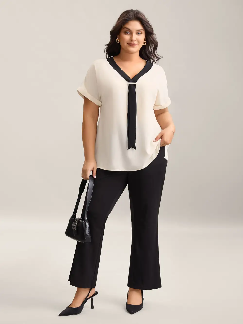 Collar Tie Color Contrast Blouse