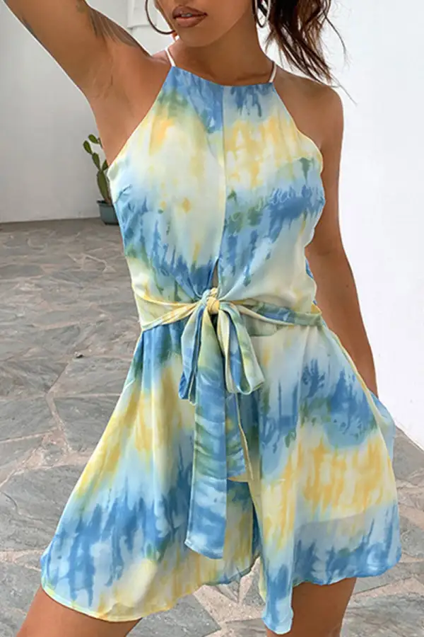 Fashion Street Print Patchwork Halter Loose Jumpsuits