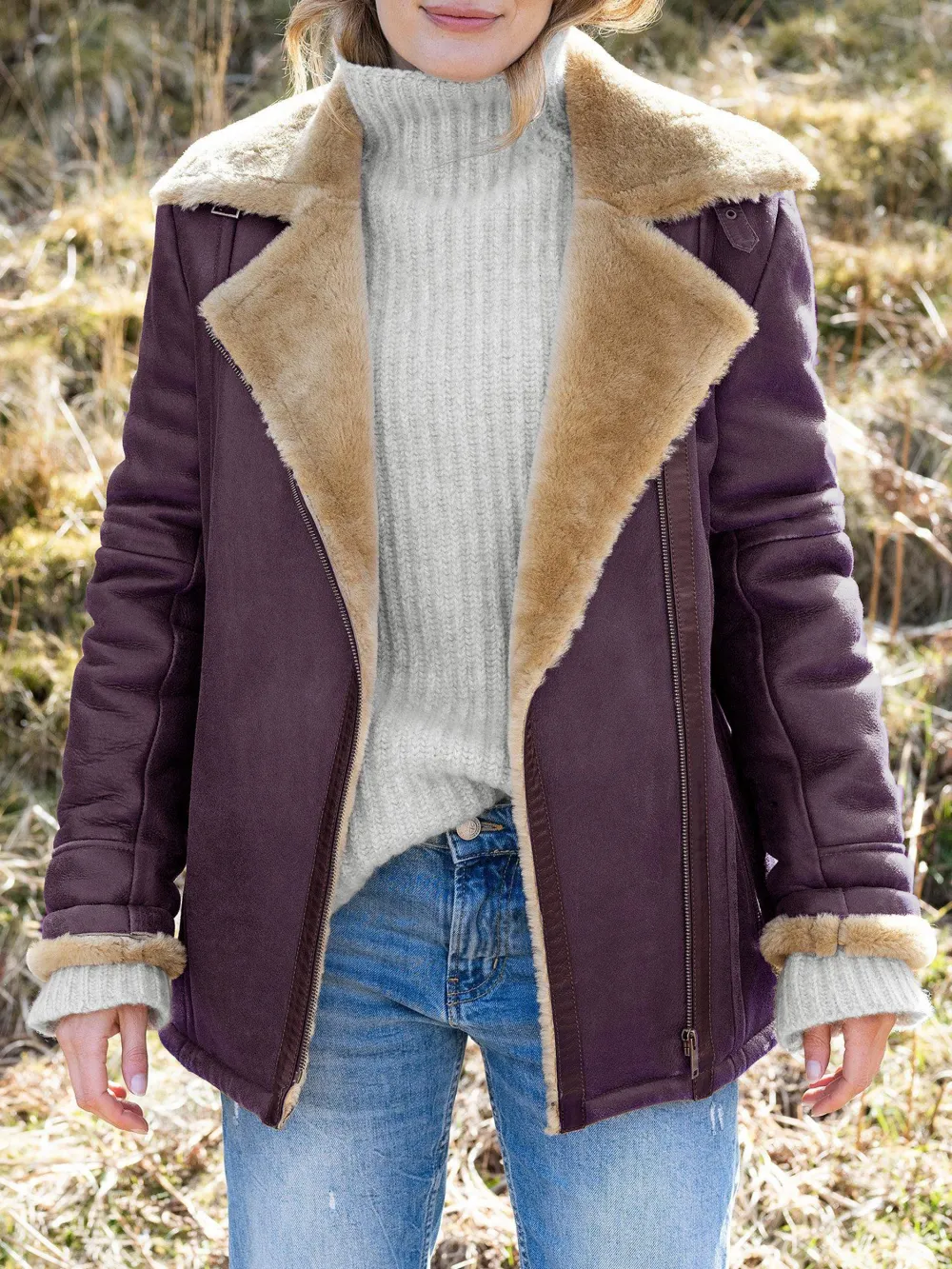 Boyfriend Aviator Sheepskin Jacket, Antique/Camel
