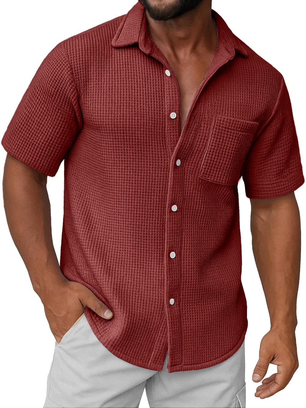 Men's Daily Waffle Texture Casual Pocket Comfort Short Sleeve Shirt