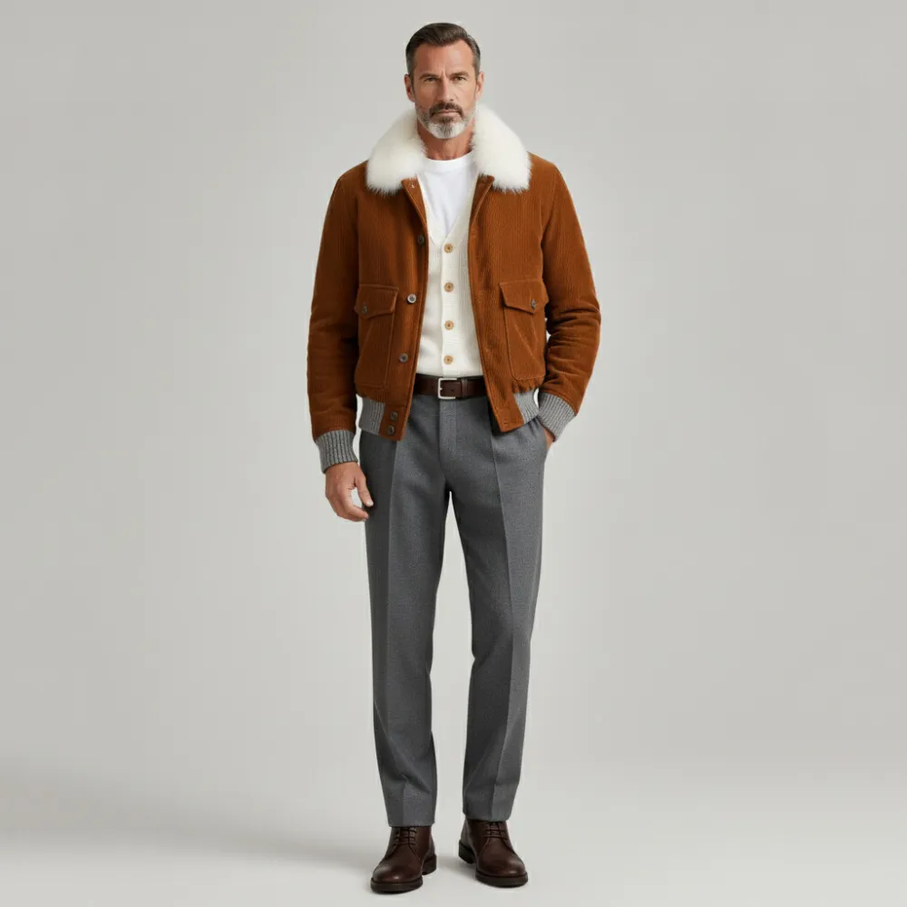 Men's Brown Corduroy Furry Collar Long Sleeve Knit Cuffs Flap Pockets Jacket